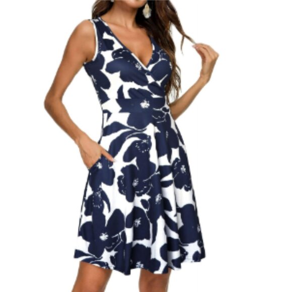 Womens Wrap V Neck Sleeveless Sundress Summer Flare Tank Dress Pockets Size L - Picture 1 of 6